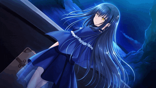 a girl with long black hair and a blue dress is standing next to a suitcase