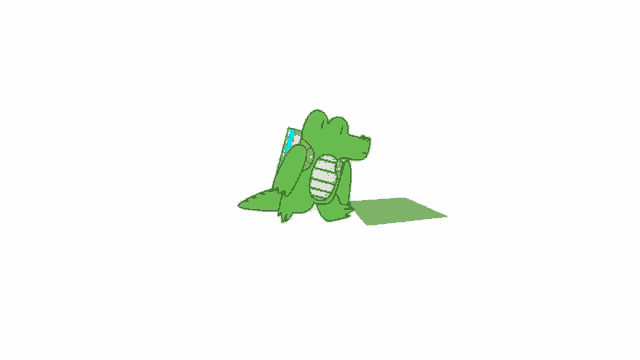 a cartoon drawing of a green crocodile with a backpack on its back