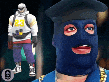 a man wearing a mask has the number 23 on his hoodie