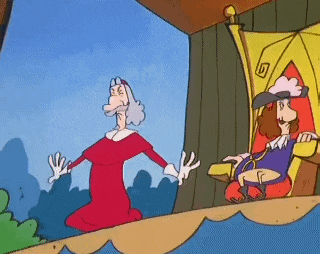 a cartoon of a man sitting in a chair and a woman standing next to him .