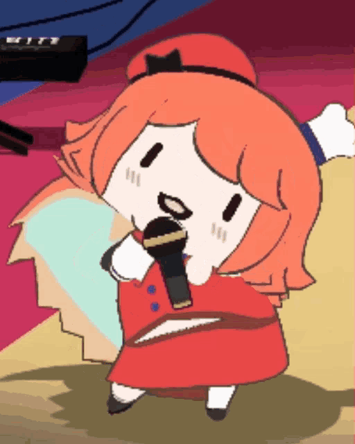 a cartoon drawing of a girl singing into a microphone with a keyboard in the background