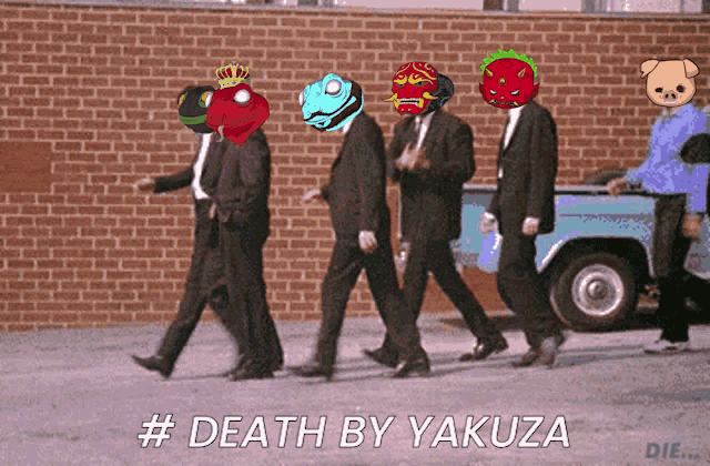 a group of men in suits are walking down a street with the words death by yakuza written below them