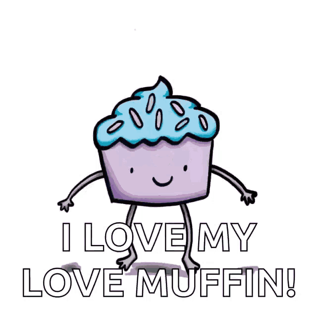 a purple cupcake with blue frosting and sprinkles says i love my love muffin