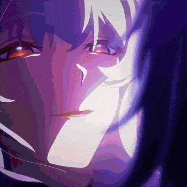 a close up of a person 's face with purple eyes and a purple background