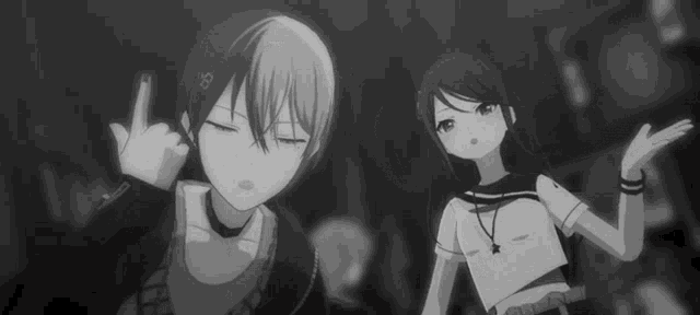 a boy and a girl are standing next to each other in a black and white anime scene .