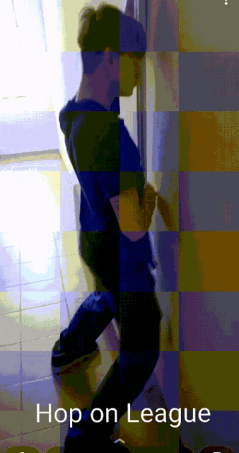 a man is standing in front of a door with the words hop on league written below him