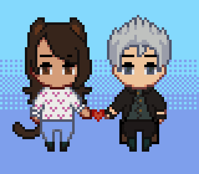a pixel art drawing of two people holding hands