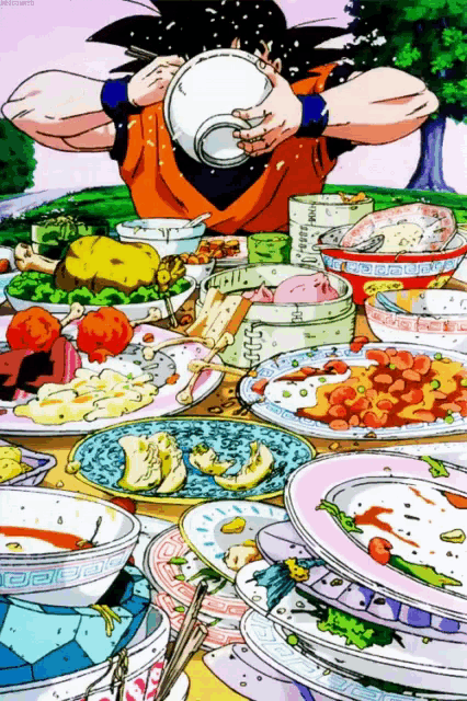 a cartoon drawing of a man holding a bowl over a table full of food