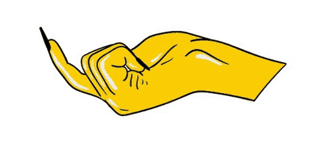 a cartoon drawing of a yellow hand reaching out towards something .