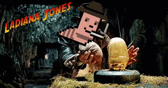 an indiana jones poster with a pixelated man