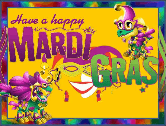a colorful mardi gras greeting card with a frog and a mask