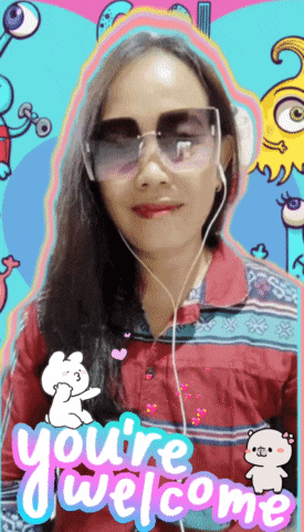 a woman wearing sunglasses and ear buds with the words you 're welcome