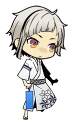a cartoon character in a kimono holding a blue bag