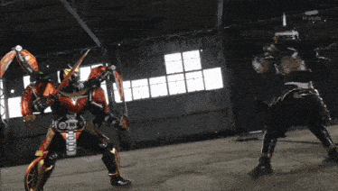 two ninjas are fighting in a warehouse and the tv says tv asahi on the bottom