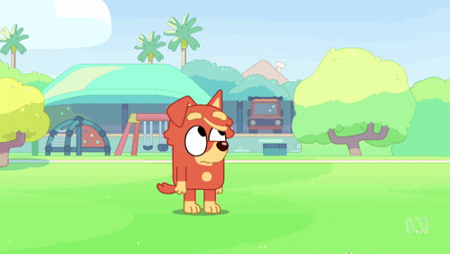 a cartoon of a dog standing in front of a playground with an abc logo in the corner