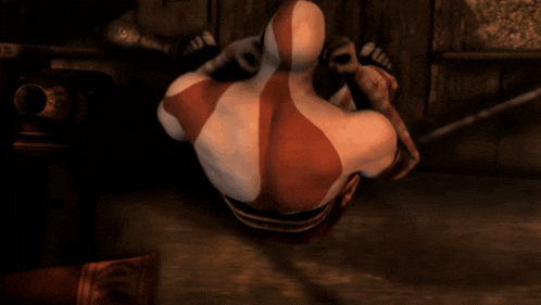 a video game character with red and white stripes on his back is laying on the floor