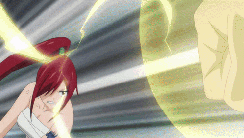a girl with red hair is fighting a man with a yellow light behind her