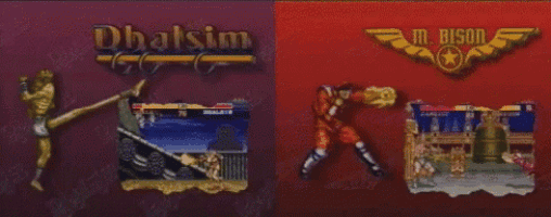 a game called dhalsim and mr. bison are shown on a red background