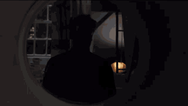 a man in a mask looks out of a window