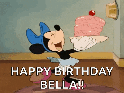 minnie mouse is holding a tray with a cake on it and says happy birthday bella .