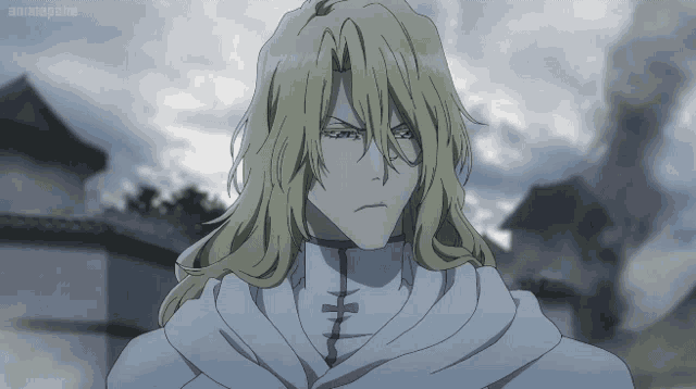 a man with long blonde hair is wearing a white shirt with a cross on the collar