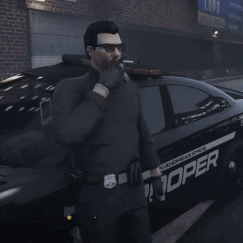 a man in a black shirt is standing in front of a police car and the word cine is on the bottom right