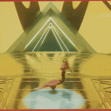 a cartoon chicken is dancing on a stage in front of a pyramid with the letter w on it