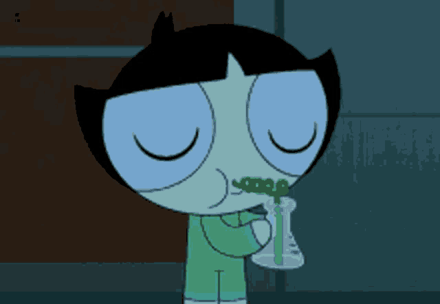 a cartoon character holding a beaker with a green plant in it