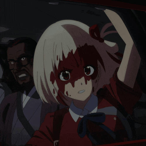 a cartoon character with blood on her face is pointing a gun