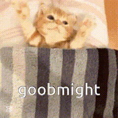 a cat is sticking its head out of a striped blanket and the words goodnight are above it .
