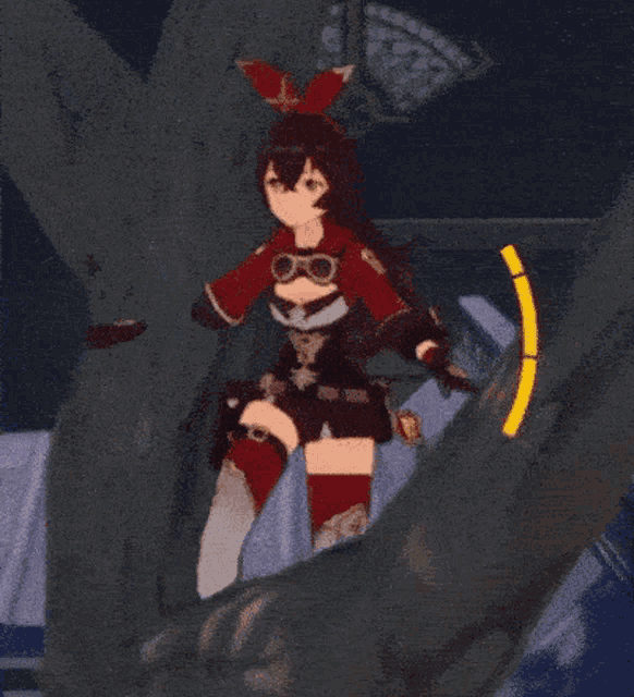 amber is a character in a video game sitting on a tree branch .