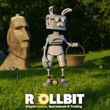 a robot holding a basket with the word rollbit on it