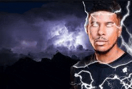 a man is standing in front of a cloudy sky with lightning coming from his head .