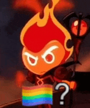 a cartoon character is holding a rainbow flag with a question mark .