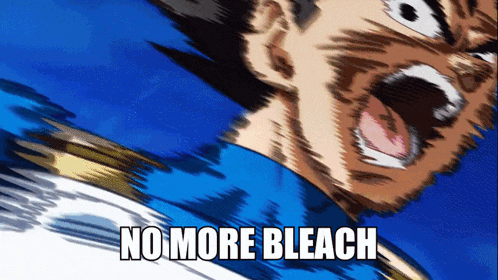 a cartoon of a man with the words " no more bleach " written below him