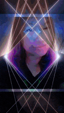 a woman 's face is surrounded by a grid of lines and lights