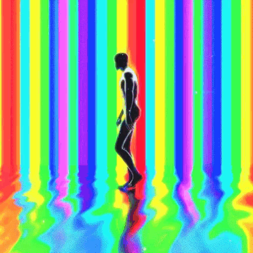 a naked man is walking through a rainbow colored waterfall