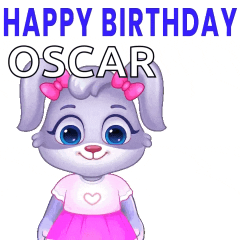 a cartoon rabbit is holding a bouquet of flowers and says happy birthday oscar .