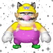 a cartoon character wearing a yellow hat and pink pants is standing in front of a white background with stars .