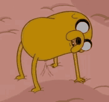 a cartoon character from adventure time is standing on its hind legs on a pink background .