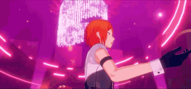 a woman with red hair is dancing in a purple room with a purple background