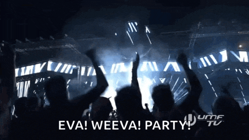 a crowd of people at a concert with the words eva weeva party in the corner