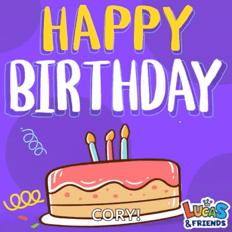 a lucas and friends birthday card with a cake