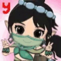 a cartoon girl wearing a green scarf and a headband is giving the peace sign .