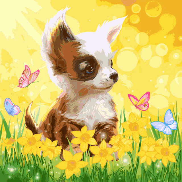 a brown and white chihuahua is sitting in a field of yellow flowers with butterflies