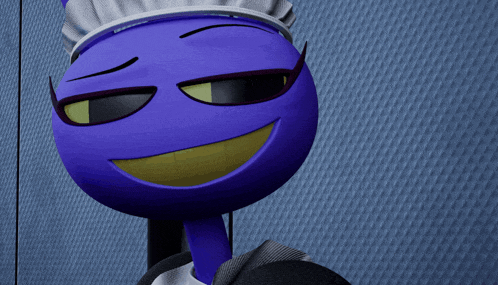a blue cartoon character with a maid 's hat on