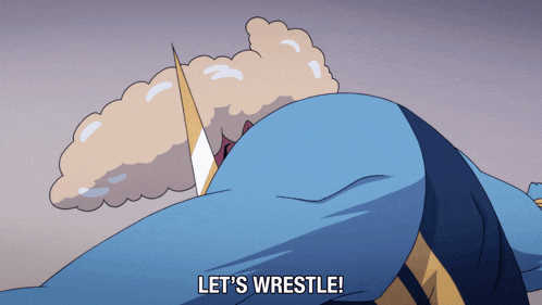 a cartoon character says let 's wrestle in a purple background