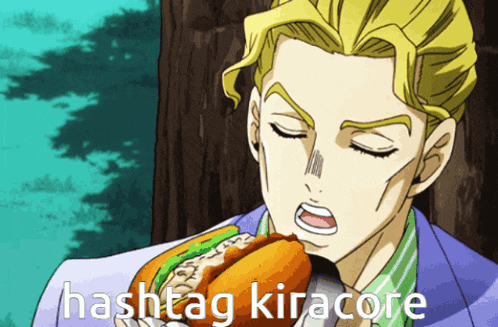 a cartoon character eating a sandwich with the words hashtag kiracore above him
