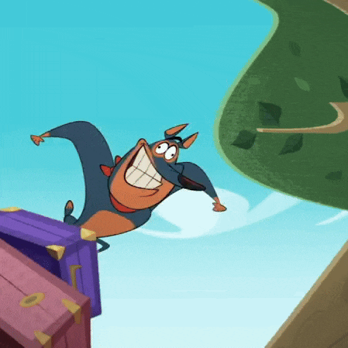 a cartoon dog is jumping over a purple box with the letter o on it