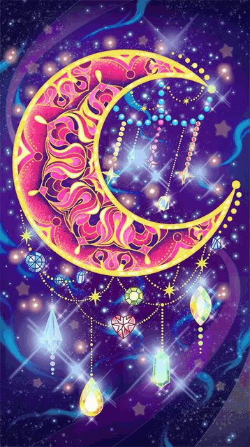 a purple background with a pink crescent moon surrounded by crystals and stars